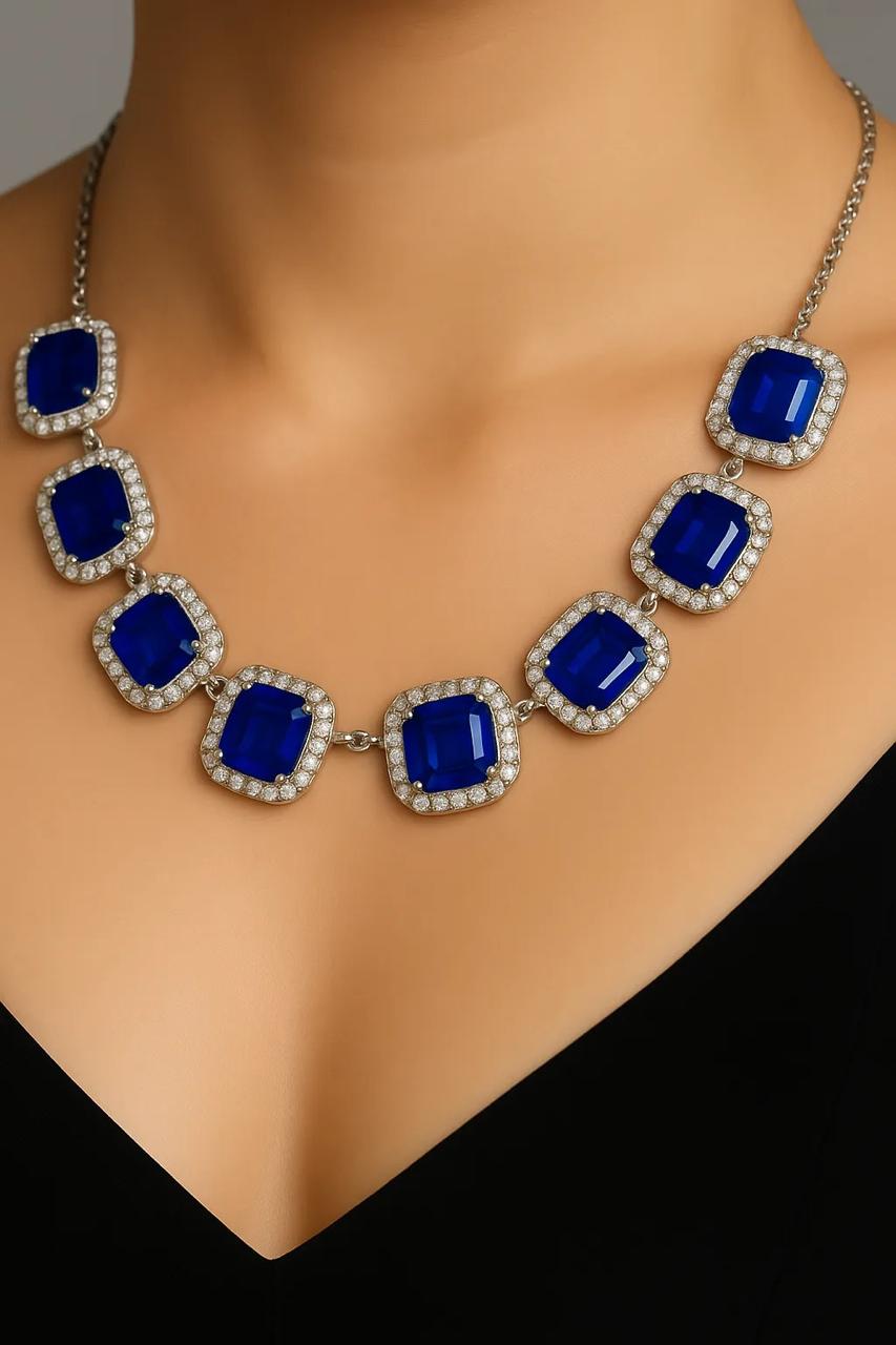 Midnight Sapphire Statement Necklace Set ā Rhodium Plated with CZ Accents