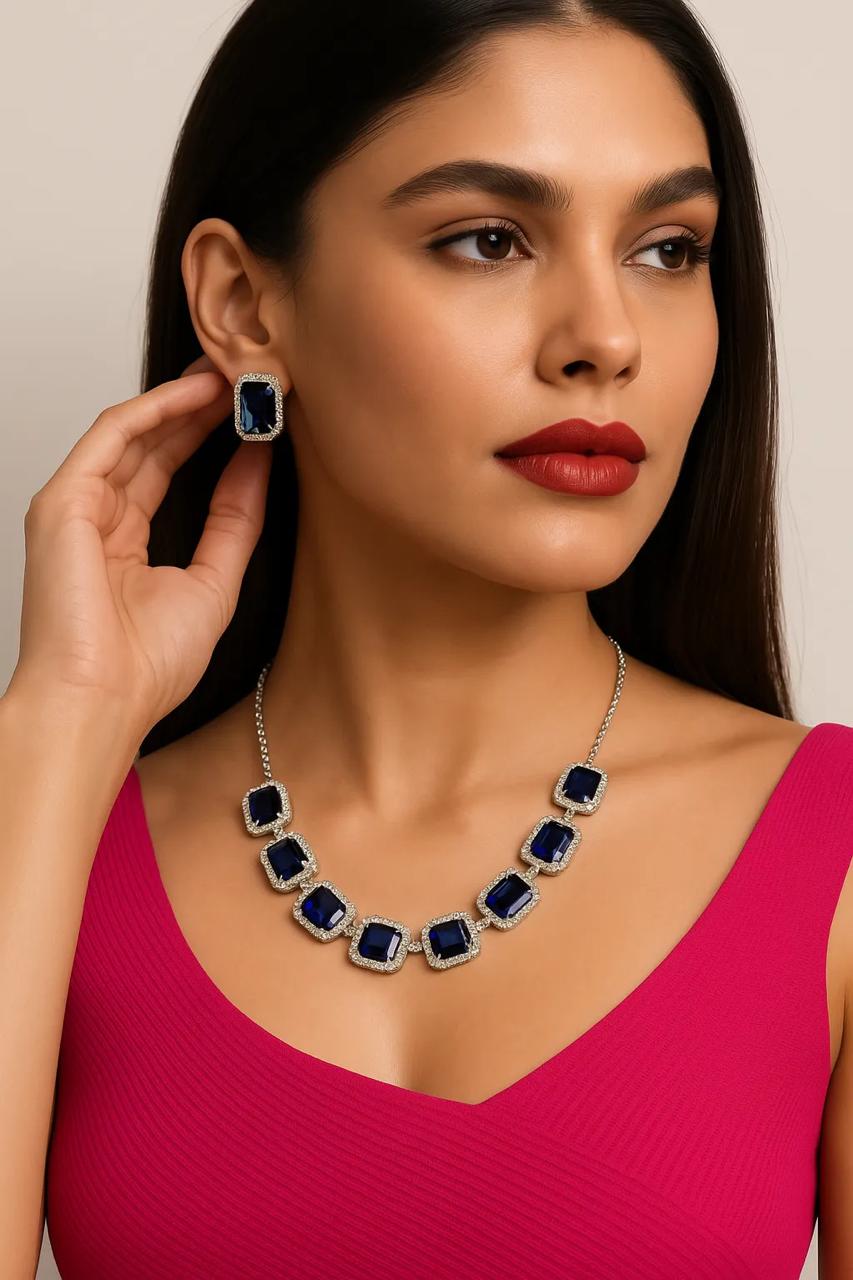 Midnight Sapphire Statement Necklace Set ā Rhodium Plated with CZ Accents