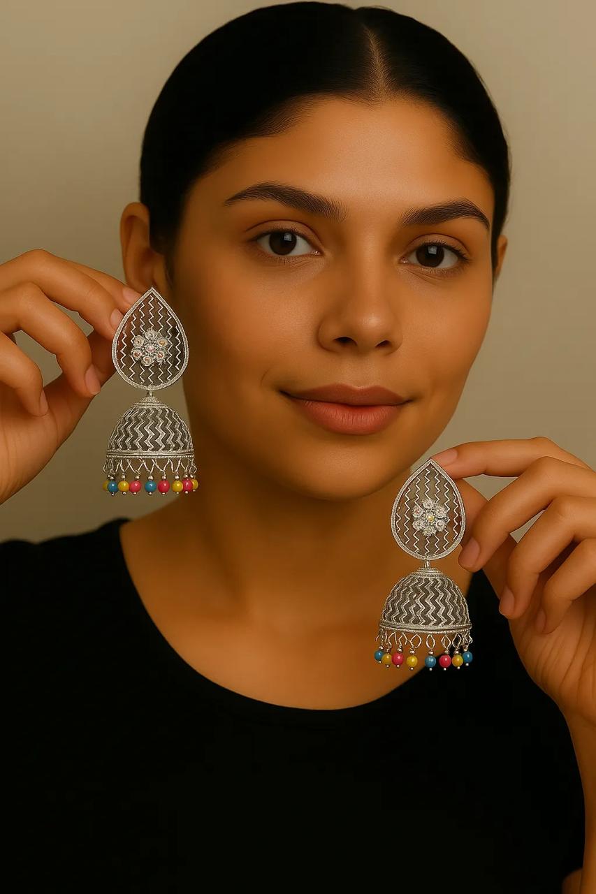 Boho Bloom Rhodium Jhumka Earrings