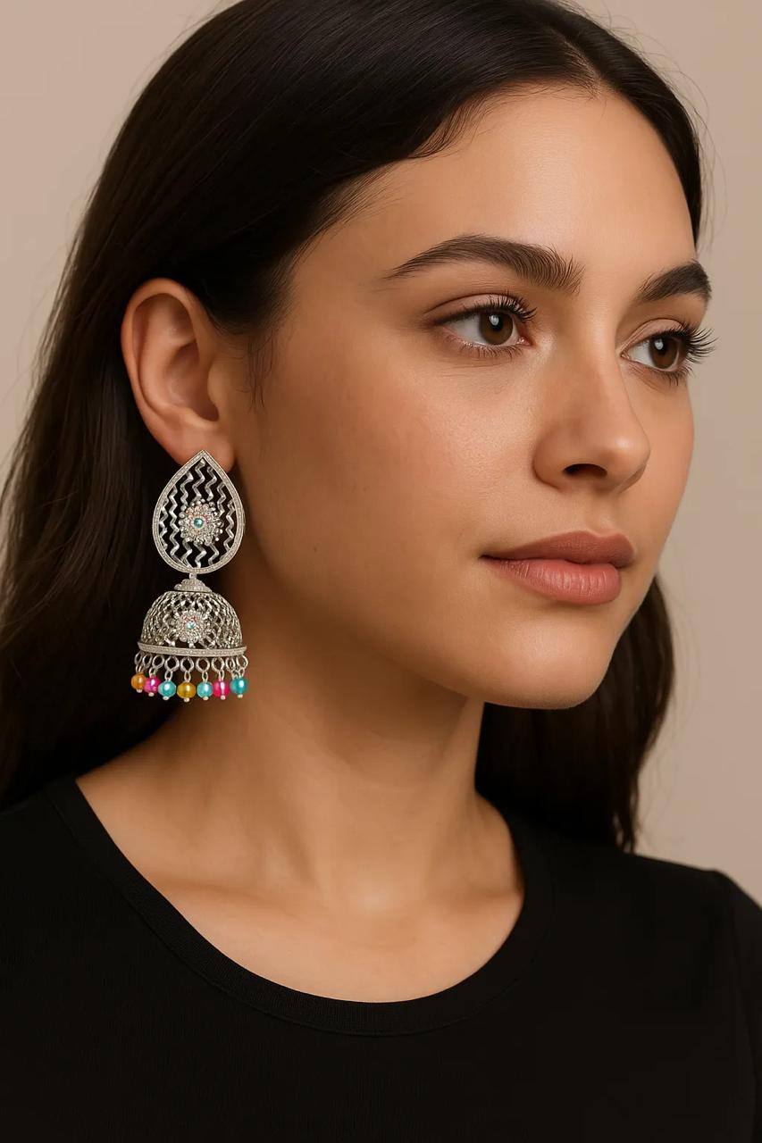 Boho Bloom Rhodium Jhumka Earrings