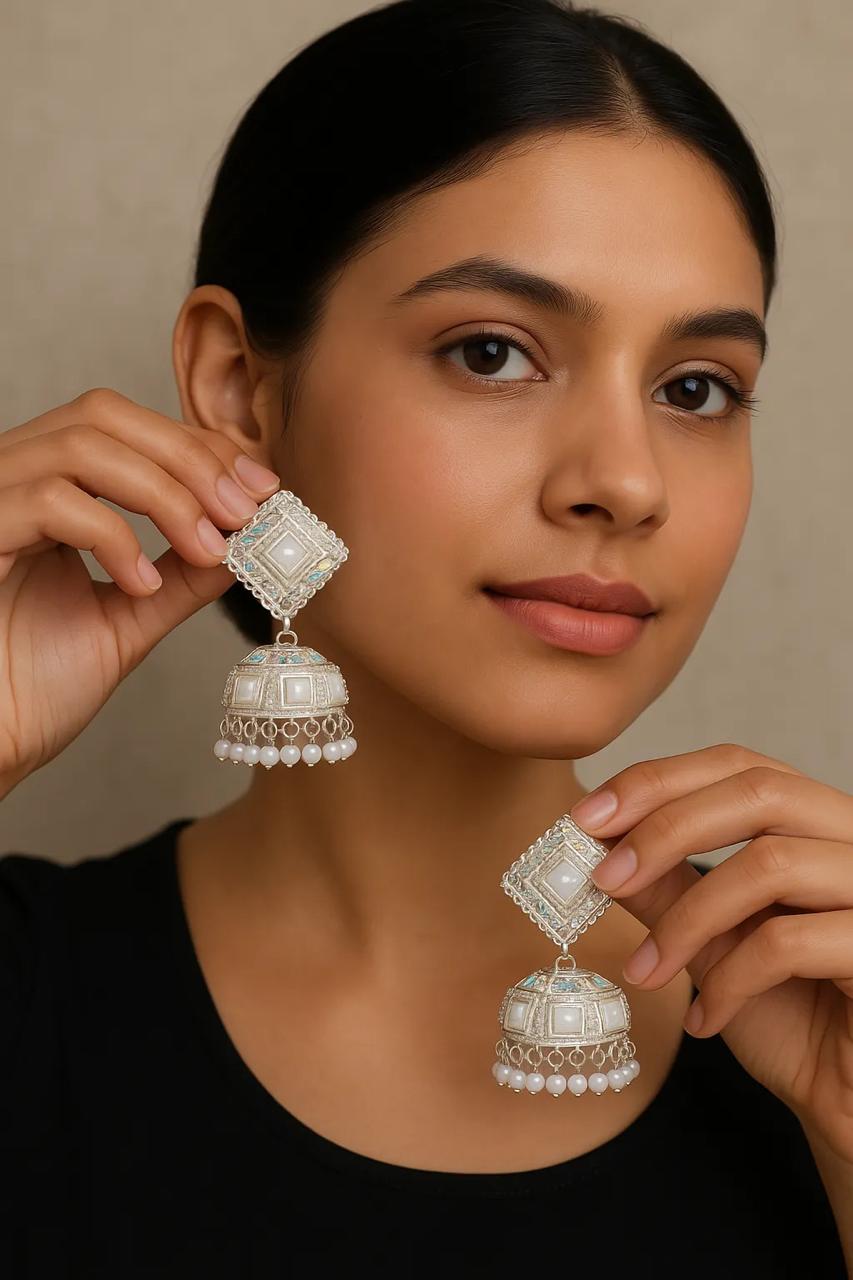 Noor Mirror Pearl Jhumka Set