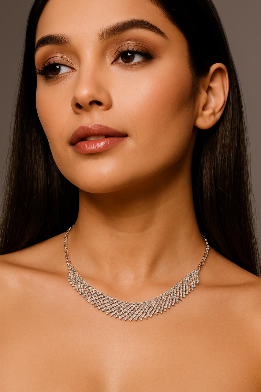 Crystal Cascade Diamond Necklace Set – Silver Finish