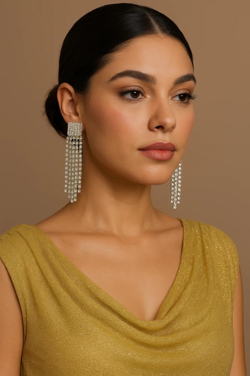 Crystal Cascade Diamond Necklace Set – Silver Finish