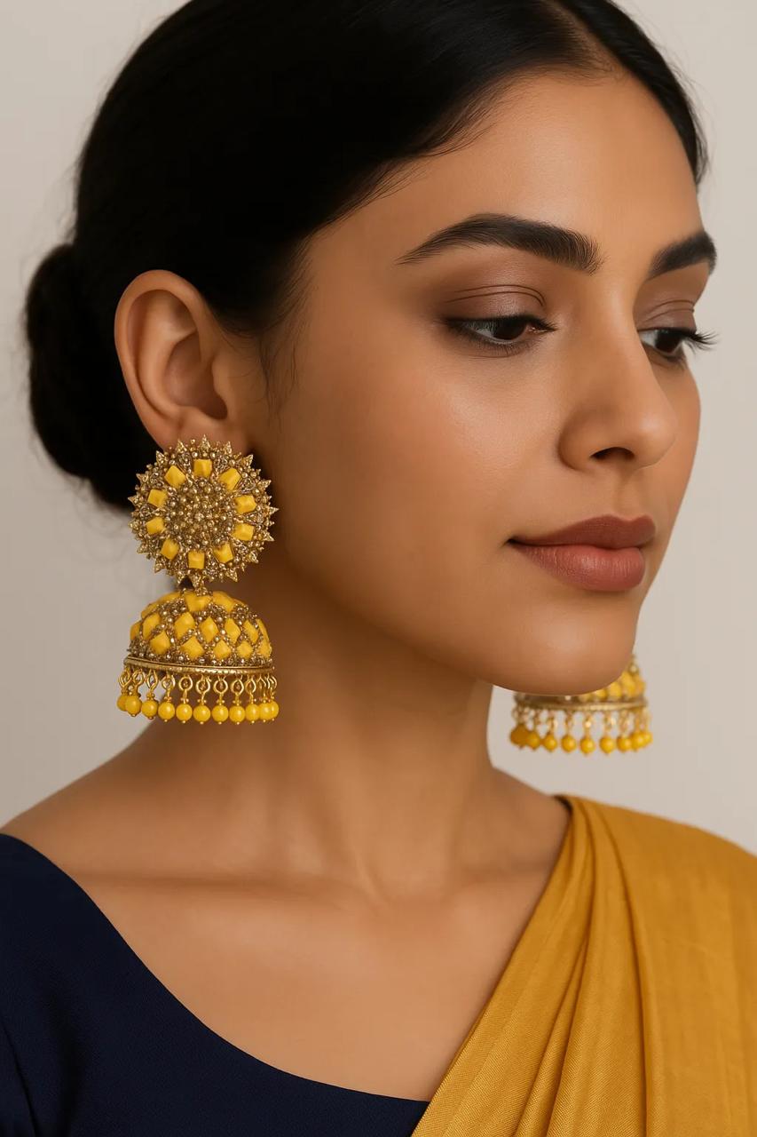 Sunburst Yellow Jhumka Earrings ā Rhodium Plated CZ Work
