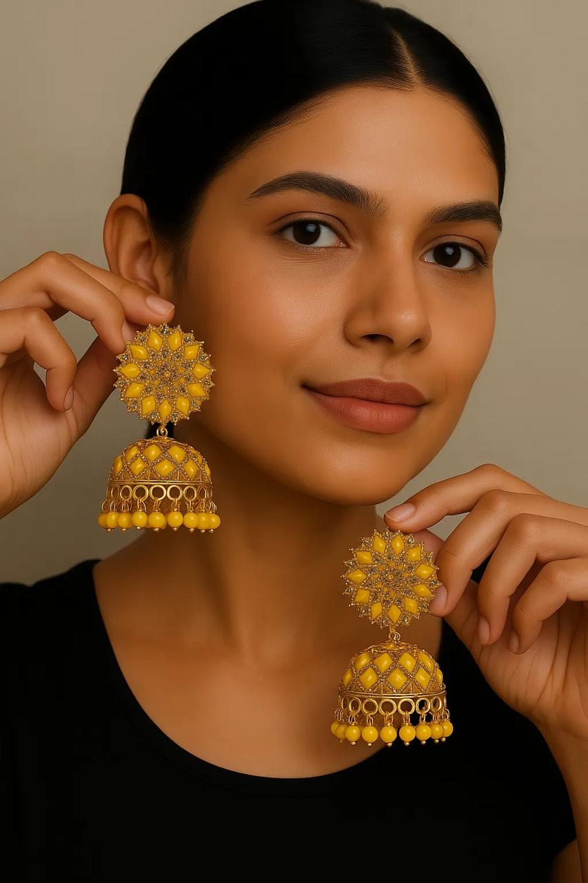 Sunburst Yellow Jhumka Earrings ā Rhodium Plated CZ Work