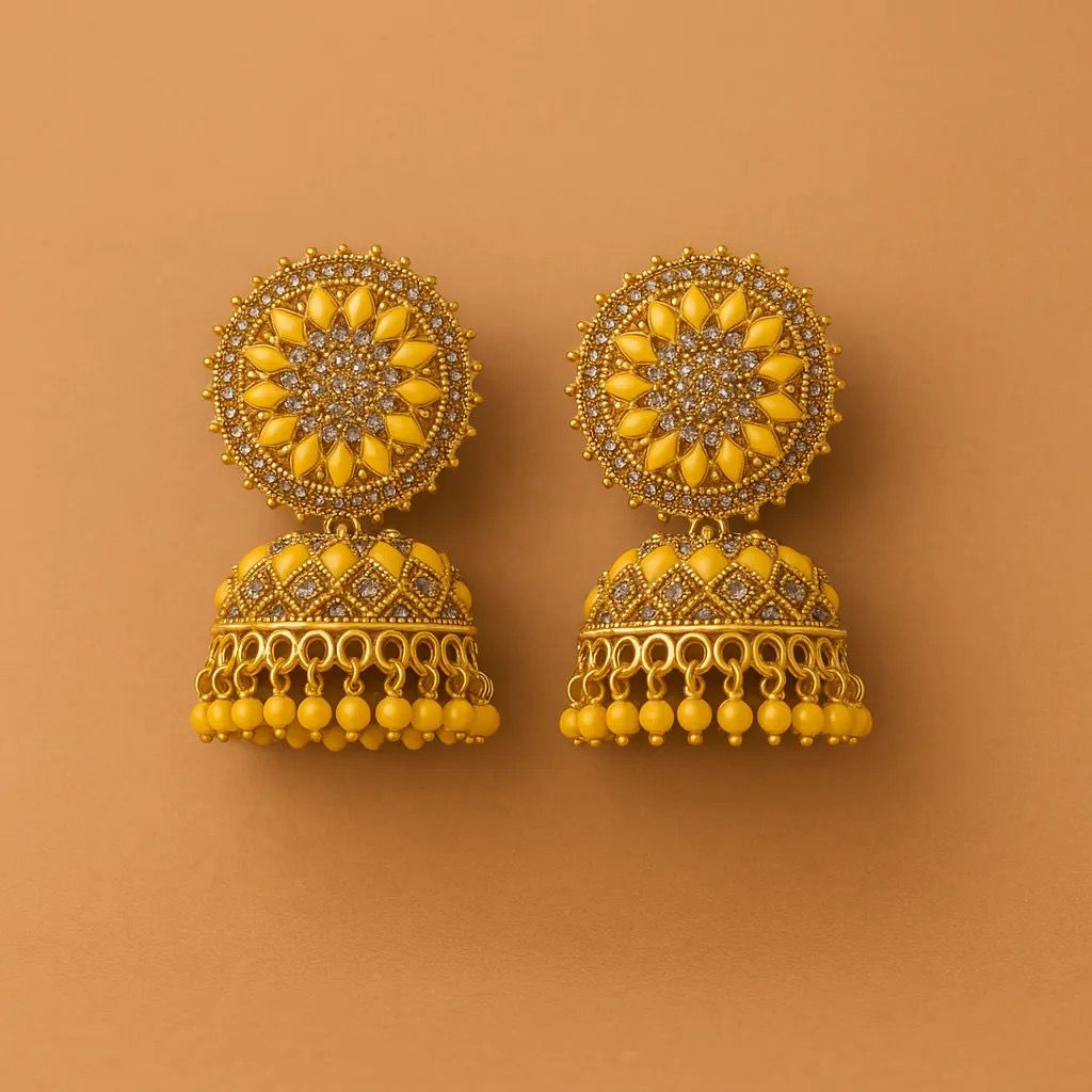 Sunburst Yellow Jhumka Earrings ā Rhodium Plated CZ Work
