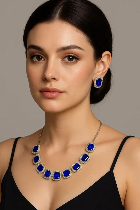 Midnight Sapphire Statement Necklace Set – Rhodium Plated with CZ Accents