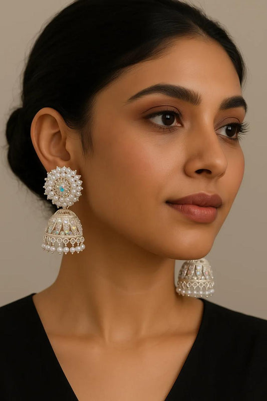 Pearl Mirage Rhodium-Plated Kundan Jhumka Earrings
