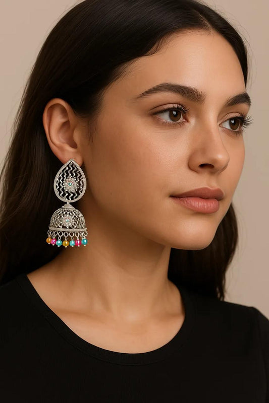 Boho Bloom Rhodium Jhumka Earrings