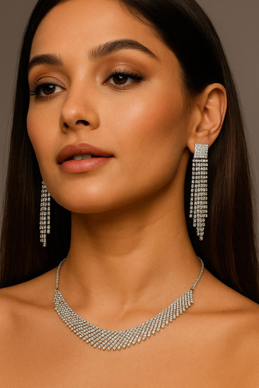 Crystal Cascade Diamond Necklace Set – Silver Finish