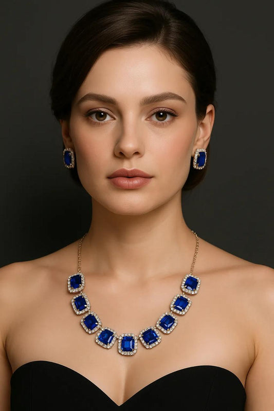 Midnight Sapphire Statement Necklace Set – Rhodium Plated with CZ Accents