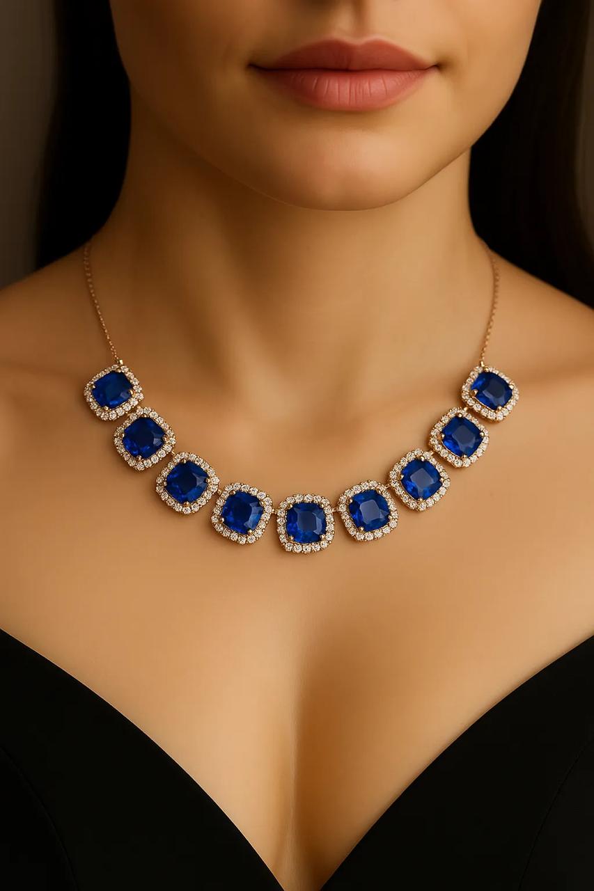 Midnight Sapphire Statement Necklace Set – Rhodium Plated with CZ Accents