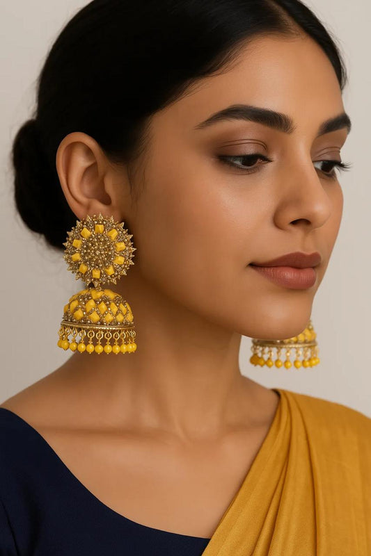 Sunburst Yellow Jhumka Earrings – Rhodium Plated CZ Work